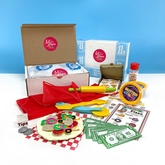 PRE BOX Pizza Party Sensory Box benefiting typically developing and Neurodiverse children.