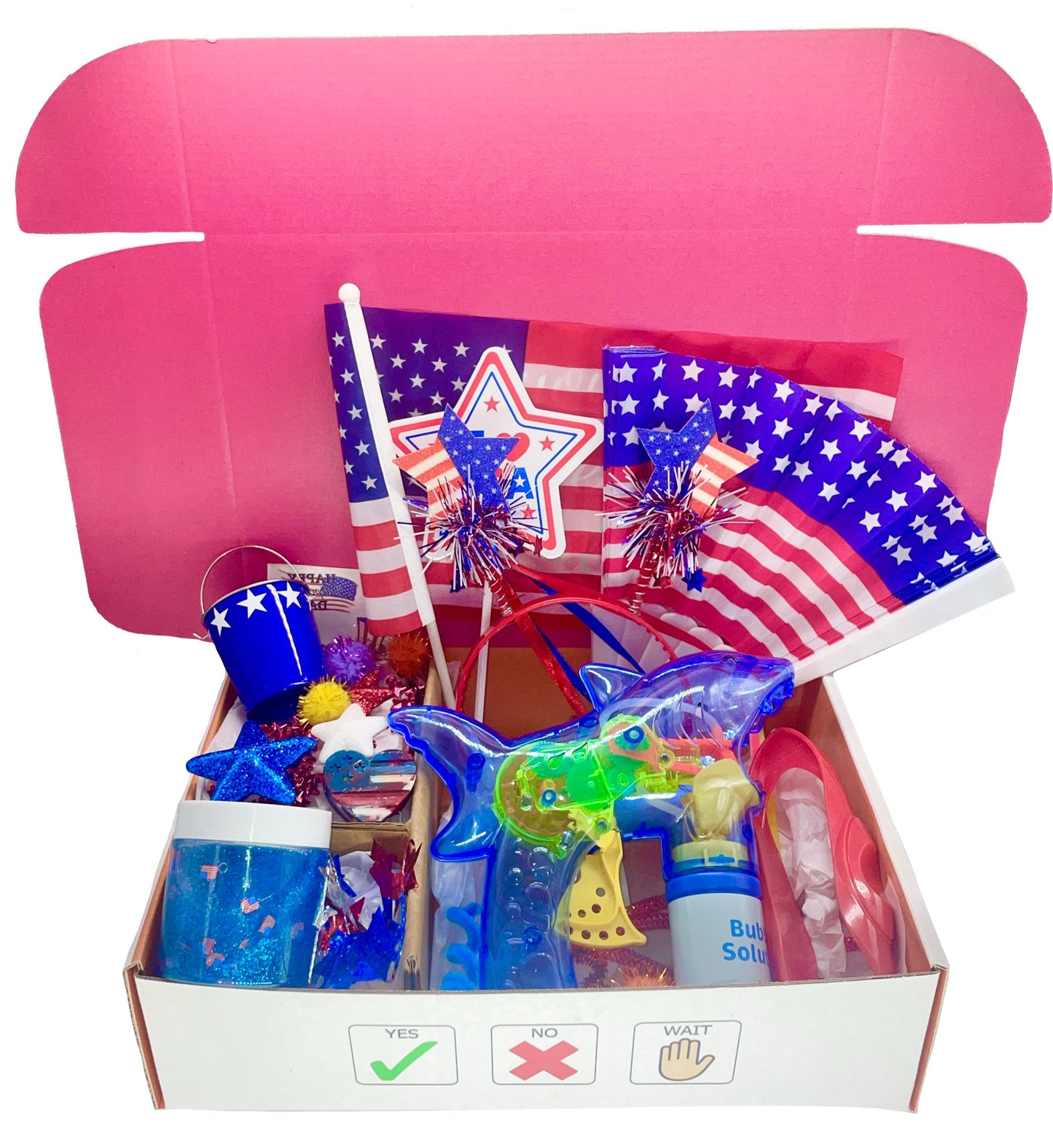 Fourth of July sensory box for kids and autistics. Comes with patriotic slime, decorations, bubbles, tweezers for fine motor skills, flag, headband, necklace, decorations, and a fan.