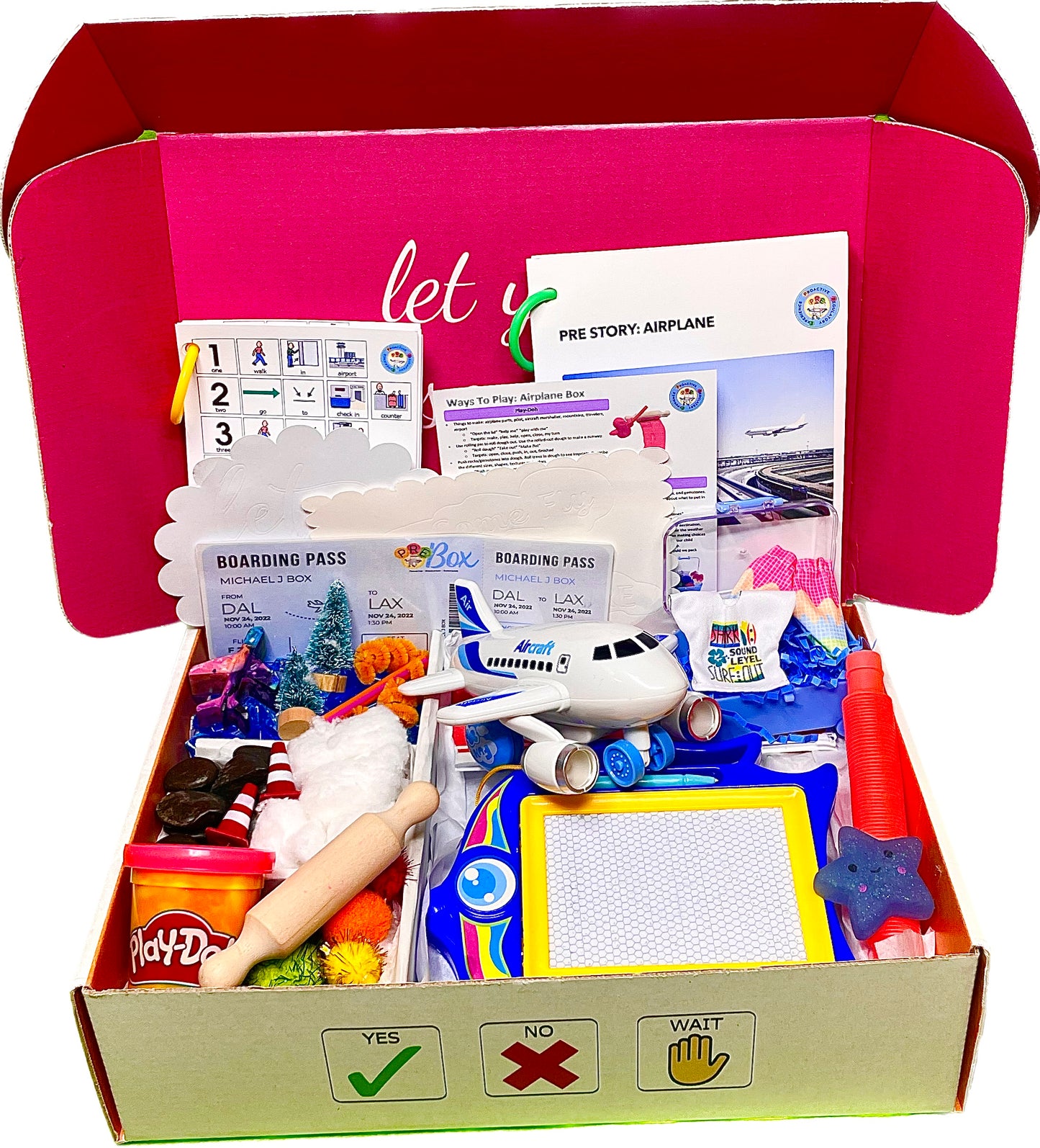 Airplane Sensory Box. Included is an airplane, Play-Doh, rolling pin, magna doodle, runway, suitcase, pop tube, squishy, Airplane PRE Story, airport visual steps, and a Ways To Play parent handout. A sensory box to help kids prepare for traveling on an airplane.