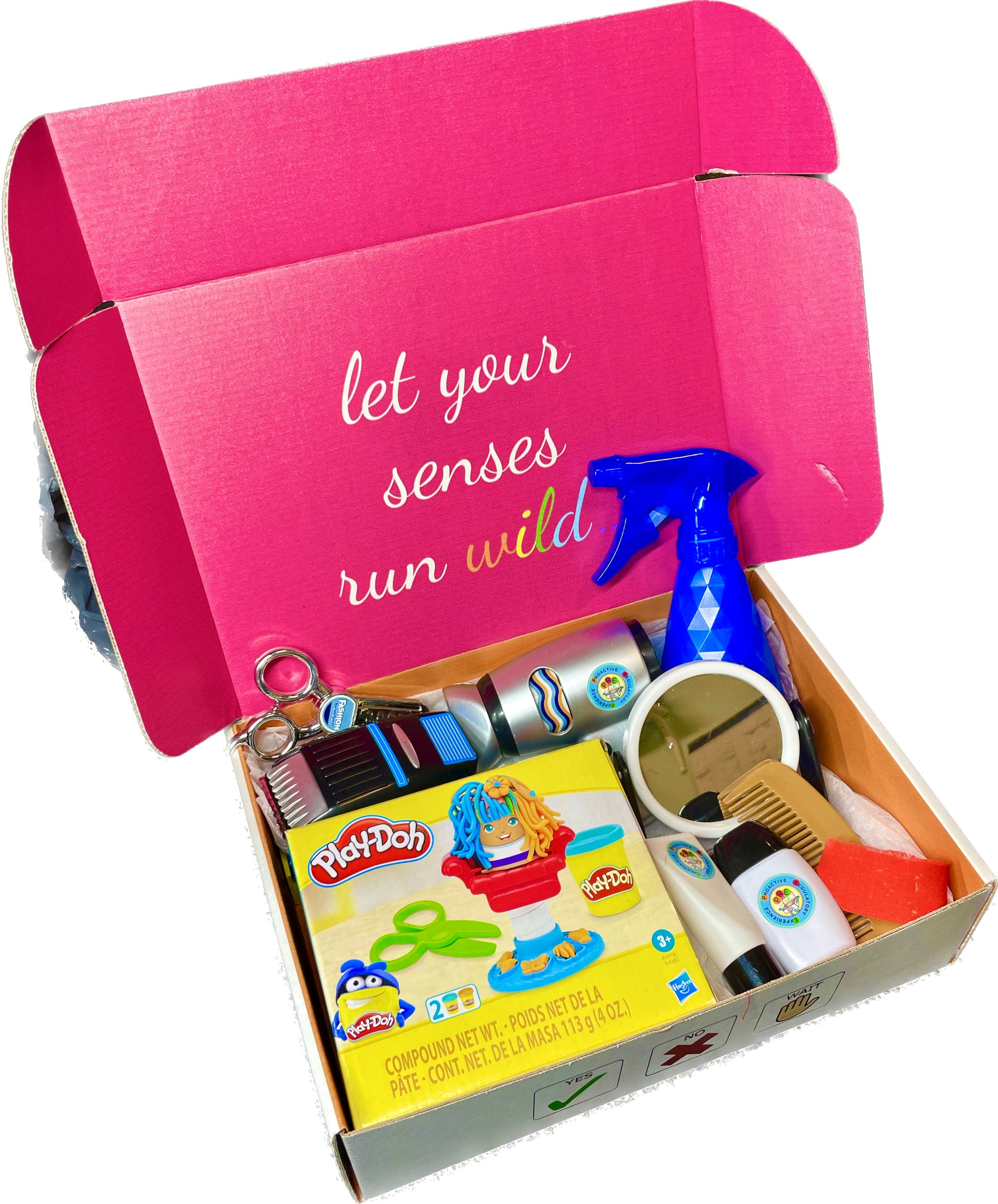 Haircut sensory box. Crazy Cuts Play-Doh mini, hair dresser tools, hairdresser cape.